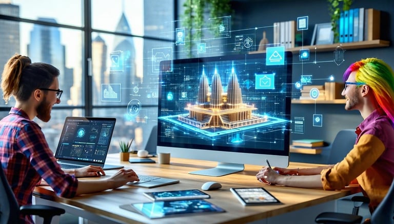 The image depicts a modern workspace filled with vibrant colors and advanced technology